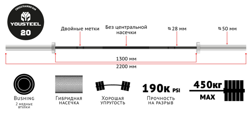 Гриф YouSteel Training Bar XF-20, 20кг, длина 2200мм, D28мм, bushing, черный оксид + хром 800_364